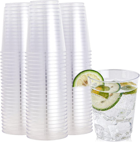 FOCUSLINE 100 Pack Clear Plastic Cups 10 oz Disposable Cups Heavy Duty Plastic Tumblers, Reusable Clear Hard Plastic Cups Tumblers for Wedding, Thanksgiving, Halloween, Christmas Party