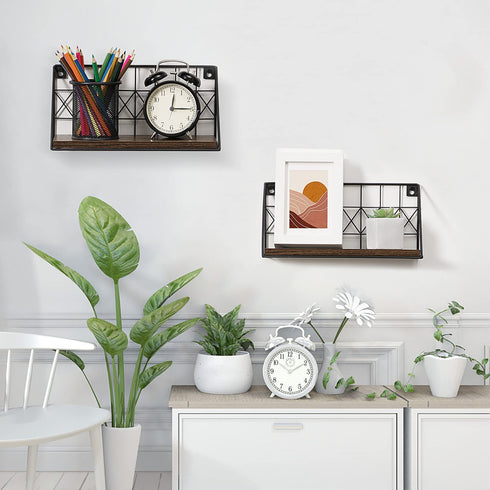 Snughome Floating Shelves Wall Mounted Set of 2, Modern Black Wire Metal Wood Wall Storage Organizer Display Shelf, Rustic Wood Wall Storage Shelves for Bedroom, Living Room, Bathroom, Kitchen