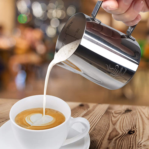 FlamGen Milk Frothing Pitcher 12 oz/350ml, Espresso Steaming Pitcher with Tick Mark, Decorating Art Pen, 16PCS Coffee Decorating Stencils