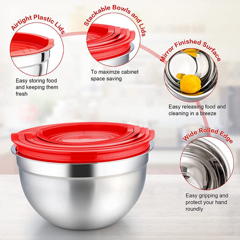 Mixing Bowls with Red Lids Set, P&P CHEF Stainless Steel Mix Nested Bowl for Salad Fruits Egg Cream Mixing, Size 4.6, 3, 1.5, 1, 0.7 QT, Refrigerator & Dishwasher Safe