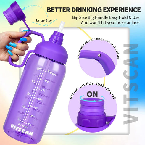 Half Gallon Water Bottle with Straw & Time Marker & large Handle, Water Bottles with Times to Drink 64 OZ Water Jug BPA Free Tritan Wide Mouth Motivational Water Bottle for Sports, Gym, Workout, Office