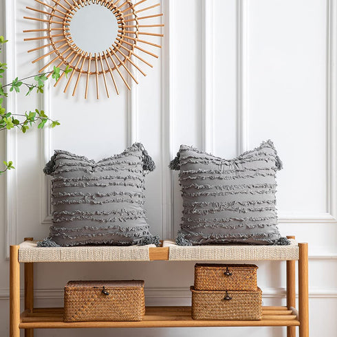 DEZENE Boho Throw Pillow Covers: Set of 2 18x18 Inch Square Light Grey Striped Jacquard Cotton Linen Decorative Pillow Cases for Home Decor Sofa Couch Farmhouse Living Room Bedroom