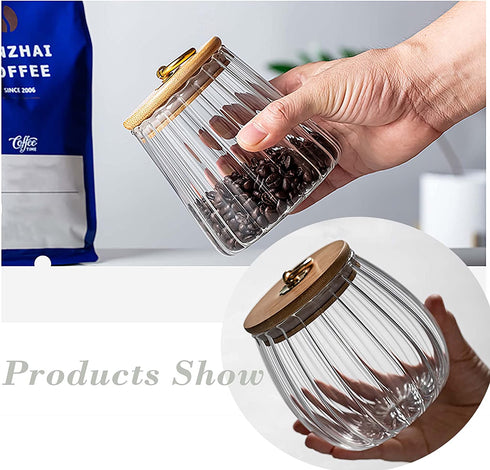 Small Glass Coffee Nuts Canister Airtight Storage Jar Petal Decorative Container with Bamboo Lid Metal Handle Easy to Grasp 700ml, 23 FL OZ (Set of 2)