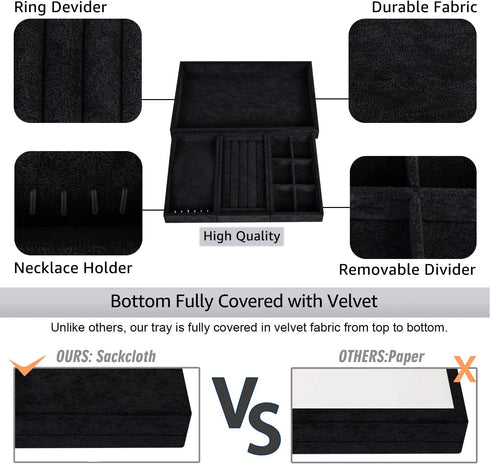 VIEFIN Jewelry Organizer Jewelry Box For Women Girls, Earring Organizer Ring Bracelet Holder Travel Jewelry Case, Velvet Stackable Necklace Jewelry Gift Boxes Dishes Display Trays Closet Storage For Teen Girls Kids Men - 3 in 1, Black