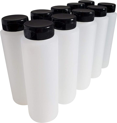 kelkaa 8oz HDPE Plastic Squeeze Bottles with Wide Mouth Opening, Black Flip Top Caps for Condiments and Any Thick Liquid Products, Multi Purpose Refillable Empty Bottles (Pack of 10)