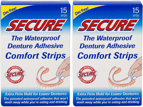 Secure Comfort Strips Waterproof Denture Adhesive - Zinc Free - Extra Firm Hold For Lower Dentures - 15 Count (Pack of 2)