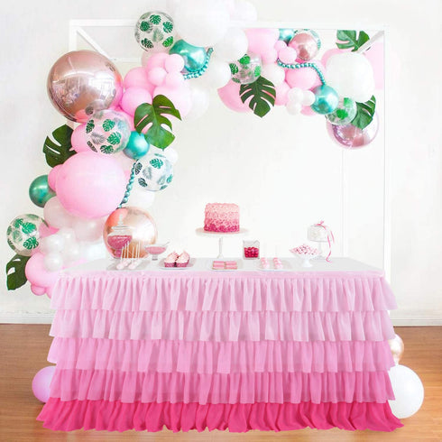 Pink Table Skirt Tutu Ruffled Tablecloth for Rectangle Table 6ft Baby Shower Birthday Party Unicorn Home Decor (Gradient pink)