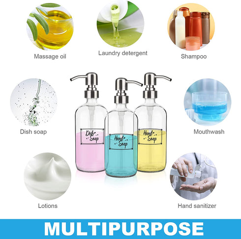 Glass Soap Dispenser 2 Pack 17oz Clear Liquid Soap Dispenser for Kitchen Bathroom Countertop Hand Dish Lotion (17oz/500ml)