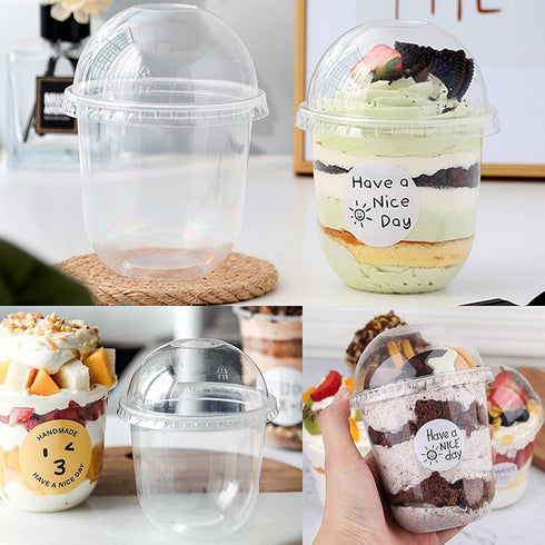 50Pcs 12oz Clear Plastic Cups with Dome Lids No Hole and 50Pcs Sporks, Disposable Dessert Party Cups for Ice Cream Cake Cold Drinks