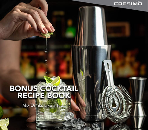 4pc Boston Cocktail Shaker Set - Large Stainless Steel Boston Shaker Bar Set with 28oz Weighted and 18 oz Unweighted Martini Drink Shaker Cups & Bartender Kit - Jigger, Hawthorne Strainer - Cresimo