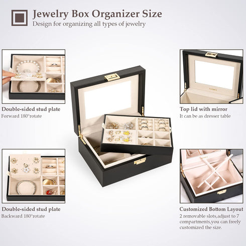 LANDICI Jewelry Box Organizer for Women Teen Girls, Large Jewelry Storage Case with Mirror and 2 Layer Removable Tray, Leather Jewellery Display Holder for Ring Necklace Earring Bracelets, Black