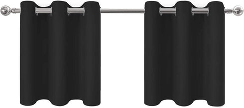 Aquazolax Kitchen Blackout Window Treatment Valances - Thermal Insulated Home Decor Grommet Top Blackout Tier Nursery Curtains for Bedroom, 42W by 24L Inches, Black, 2 Panels