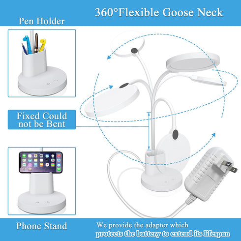 Battery Operated Desk Lamp LED Rechargeable White Desk Lamps Dimmable, Golspark Touch Control 360°Flexible Dorm Reading Lamp for Students-3 Color Modes with Pen Holder Phone Stand