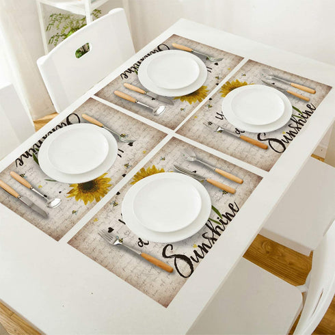 ARTSHOWING Set of 6 Placemats Heat-Resistant for Dining Table Linen Table Mats Rustic Sunflower Rectangle Pad Placemat 12 x 18 Inch - You are My Sunshine