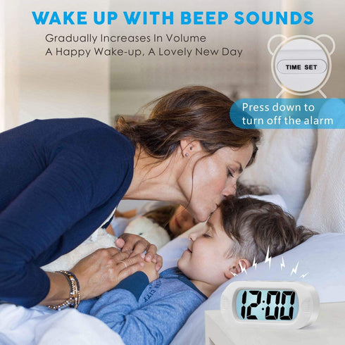 Kids Alarm Clock - Plumeet Large Digital LCD Travel Alarm Clocks with Snooze and Night Light - Ascending Sound and Handheld Size - Best Gift for Kids (White)