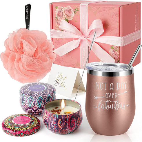 Gifts for Women Birthday Unique - Funny Insulated Wine Tumblers Rose Gold and Candles 2 Pack and Bath Loofah XL Bath Set - Unique Gifts for Women - Mom Sister Friends Female Grandma Birthday Gifts