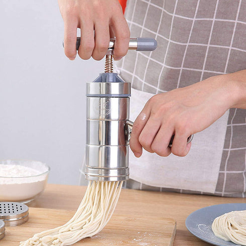 Manual Noodle Pasta Maker Spaghetti Kitchen Tool Stainless Steel Press Machine Press Machine Pasta Maker with 5 Noodle Mould Fruit Juicer Squeezer (18.5x14cm)