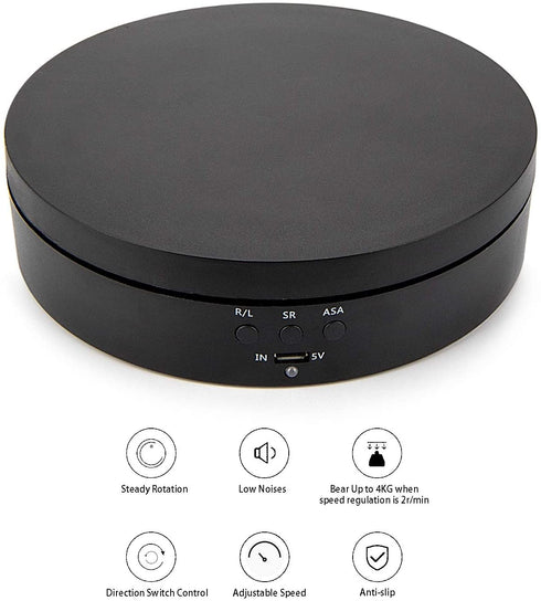 Leadleds 360 Degree Turntable Display Stand, 3 Speeds Electric Rotating Display Stand for Photography Video Shooting Props Jewelry (Black)