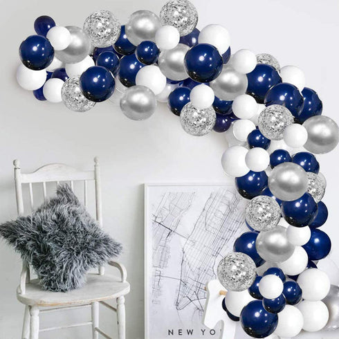 Luropa Silver Blue Balloon Arch Garland Kit, 120 pcs Navy Blue?White and Silver Confetti Latex Balloons with 16ft Tape Strip And Air Pump for Party Wedding Birthday Graduation Anniversary DIY Decoration.