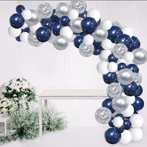 Luropa Silver Blue Balloon Arch Garland Kit, 120 pcs Navy Blue?White and Silver Confetti Latex Balloons with 16ft Tape Strip And Air Pump for Party Wedding Birthday Graduation Anniversary DIY Decoration.