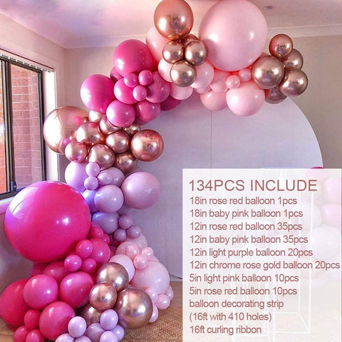 Princess Hot Rose Red Balloon Baby Pink Balloon Chrome Rose Gold Balloon Macaron Light Purple Balloon 132Pcs,Balloon Arch for Birthday of The Princess,Engagement,Graduation,Picnic,Baby Shower,Christmas or Party Decoration.