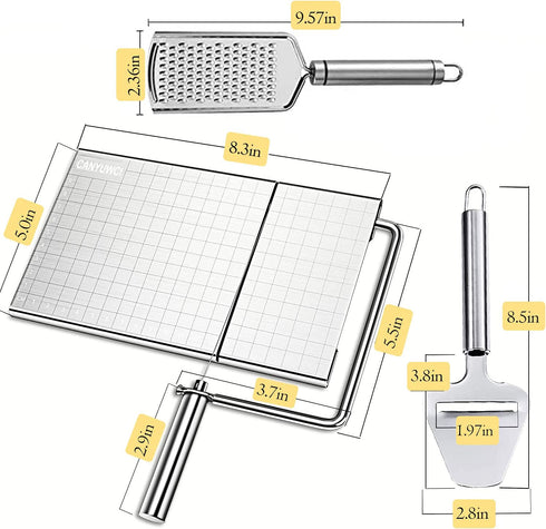 Cheese Slicer Stainless Steel,CANYUWCI Cheese Planer, Grater, Slicer Set with Accurate Size Scale, 5 Replaceable Wires Cheese Cutter, Butter, Half-Hard & Soft Food