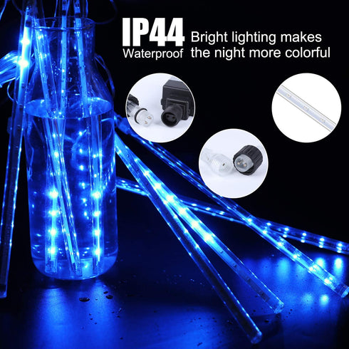Meteor Shower Lights Outdoor, 11.8 Inch 8 Tubes 192 LED Snowfall Lights, Waterproof Meteor Christmas Lights, Hanging Falling Rain Lights for Tree Bushes Holiday Party Christmas Decoration, Blue