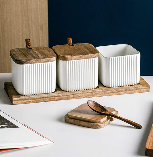 WUWEOT 3 Pack Porcelain Condiment Bowls Set, 12OZ White Ceramic Salt Bowl Condiment Jar Spice Container with Lids Spoons and Tray for Sugar, Serving Tea, Coffee, Spice, Salt