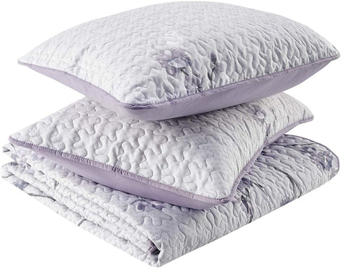 Comfort Spaces Reversible Quilt Set-Vermicelli Stitching Design All Season, Lightweight, Coverlet Bedspread Bedding, Matching Shams, King (104 in x 90 in) Kate, Grey/Purple 3 Piece
