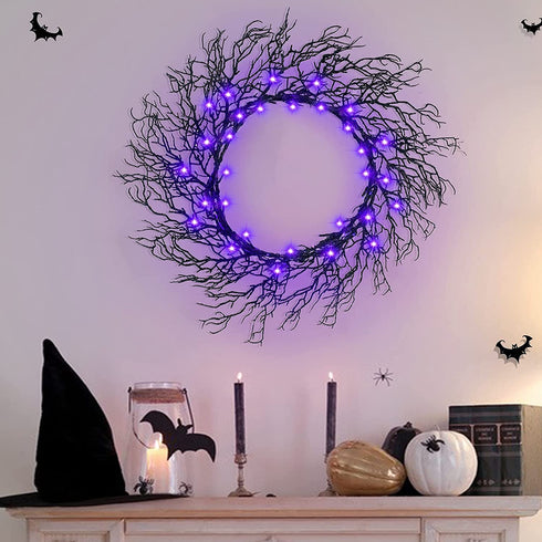 TURNMEON 20 Inch Prelit Halloween Wreath with Timer 30 LED for Front Door Halloween Decorations Purple Lights Battery Operated Glitter Scary Black Wreath Halloween Decoration Indoor Outdoor Home Party
