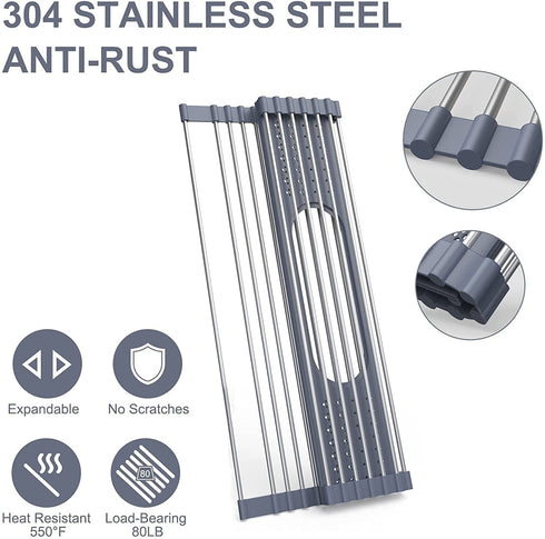 Fixparts Roll Up Dish Drying Rack Over The Sink Dish Drying Rack,Multi-Purpose Kitchen Rolling Dish Drainer Foldable SUS304 Stainless Steel Dish Drying Rack?17.5" x 15.2"?