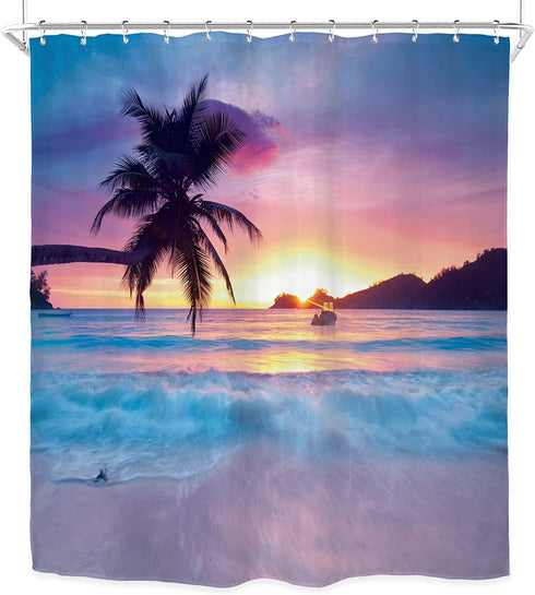 Riyidecor Beach Shower Curtain Ocean Sunrise Tropical Palm Tree Hawaiian Sunset Costal Scenery Sea Waves Summer Bathroom Home Decor Set Waterproof Polyester 72WX72H Inch 12 Pack Plastic Hooks WW-IHTB
