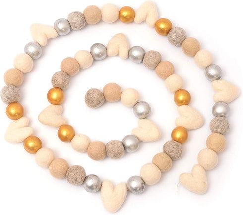 Glaciart One Valentine Felt Ball Garland - Handmade in Nepal Using New Zealand Wool - Reusable, Durable, Stylish & Versatile - Easy to Hang & Maintain Gold, Silver & Neutral Colors Set - 9ft