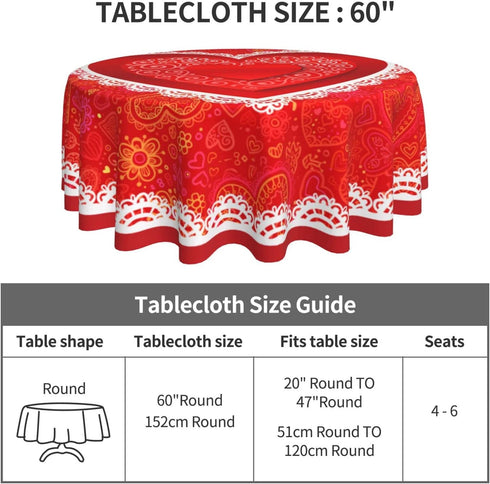 Valentines Day Tablecloth Round 60 inch Wrinkle Free Red Romantic Love Heart Tablecloth Suitable for Kitchen Decorantion / Indoor and Outdoor Dining Table / Party / Picnic