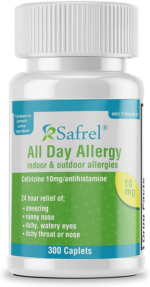 Safrel Cetirizine HCl 10 mg 300 Tablets | Fast & Reliable Allergy Relief Medication | 24 Hour Antihistamine Care for Pollen, Hay Fever, Dry, Itchy Eyes. Sneezing & Runny Nose | Generic Zyrtec