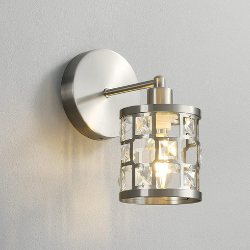 1 Light Modern Vanity Light, Bathroom Vanity Light Brushed Nickel Wall Light Fixtures with Cylinder Crystal Shade
