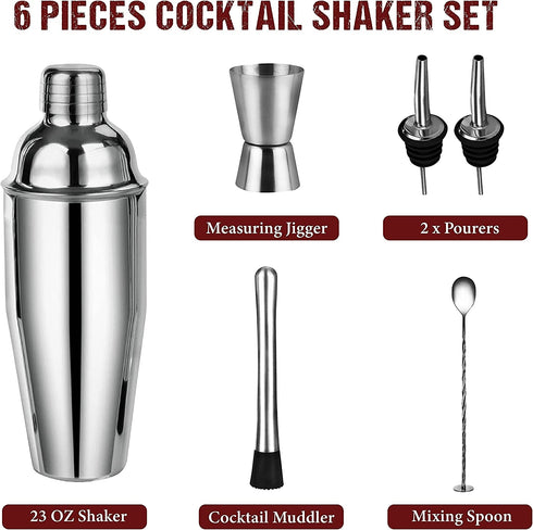 Amico Premium Stainless Steel Bar Set 24 Ounce with 6 Pcs Accessories Innovative Rubber Ring Design with Mixing Spoon, 2 Pourers, Jiggle & Muddler Built-in Bartender Strainer (Includes Muddler)