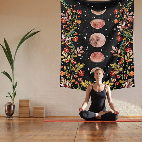Moonlit Garden Tapestry Moon Phase Tapestry Floral Tapestries for Bedroom Aesthetic Wall Hanging Dorm Living Room Vertical Tapestry for Teen Girls?59x51 inch)