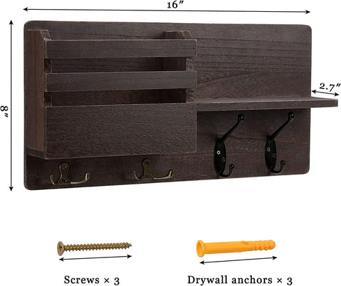 ISM Designs Key Hangers for Wall Decor - Mail and Holder with Shelf Organizer Hooks, Rustic Brown, 16 Inch x 8