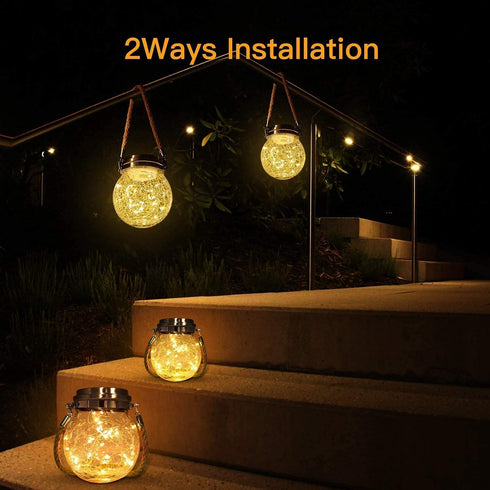 2 Packs Hanging Outdoor Solar Lanterns Decorative Lights 30 LED Waterproof Cracked Glass Jar Garden Lights for Court Yard Patio Pathway