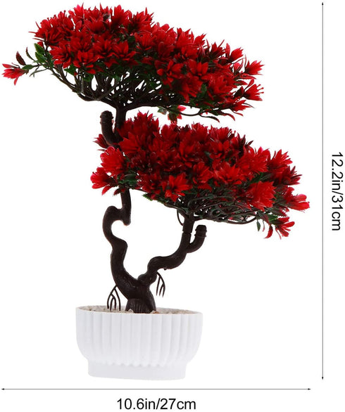 DOITOOL Artificial Potted Plant Fake Guest-Greeting Pine Bonsai Tree Ornament for Desktop Display Home Office Indoor Decor (Red)