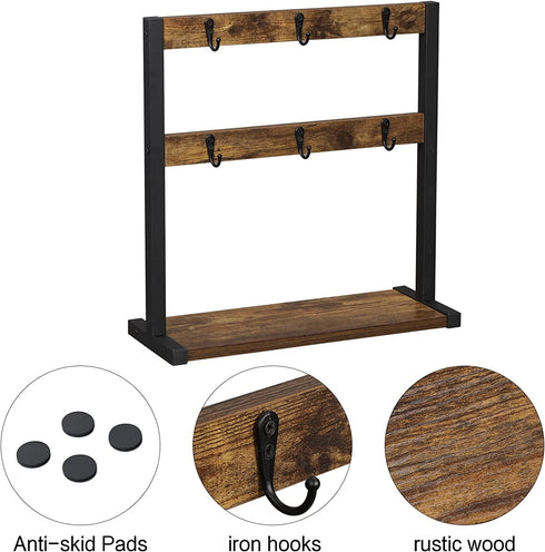 OROPY Vintage Wood Coffee Mug Holder Stand, 2 Tier Countertop Mug Tree Holder Rack for Coffee Mugs Cups (Dark Brown) (12 Hooks)