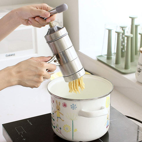 Manual Noodle Pasta Maker Spaghetti Kitchen Tool Stainless Steel Press Machine Press Machine Pasta Maker with 5 Noodle Mould Fruit Juicer Squeezer (18.5x14cm)