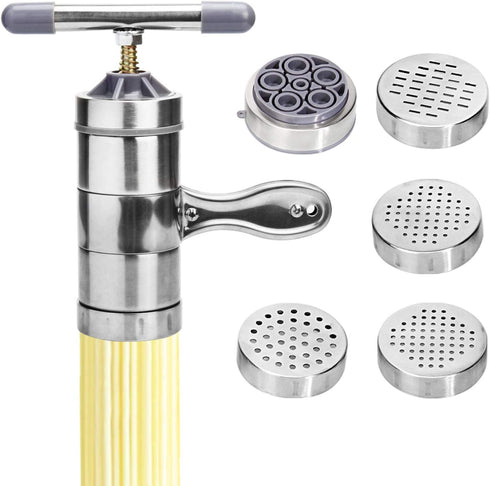 Manual Noodle Pasta Maker Spaghetti Kitchen Tool Stainless Steel Press Machine Press Machine Pasta Maker with 5 Noodle Mould Fruit Juicer Squeezer (18.5x14cm)