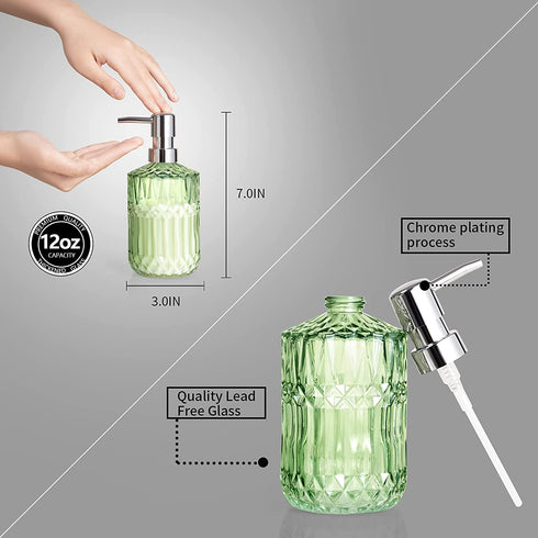 TISUZXCV Diamond Design 12 Oz Green Glass Soap Dispenser,Refillable Lotion Soap Dispenser for Bathroom, Kitchen, Hand Soap, Dish Soap ,Shampoo , Ideal for Bathroom Countertop. (Clear Green)