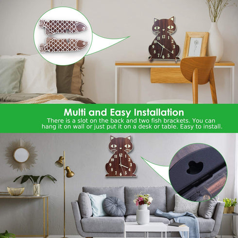 Lantoo Night Light Wall Clock, Luminous Wall Clock with Numerals & Hands Glow in Dark, Cat Wooden Wall Clock, Entirely Silent Wall Clocks Battery Operated for Kitchen Living Room Bedroom