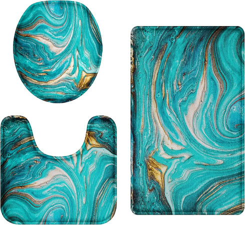 Britimes Bathroom Rug Set of 3, 3 Pieces Bath Mats Set for Bathroom, Green Marble Ripples No Silp Washable Cover Floor Rug Decorations for Kitchen Bathroom Bedroom