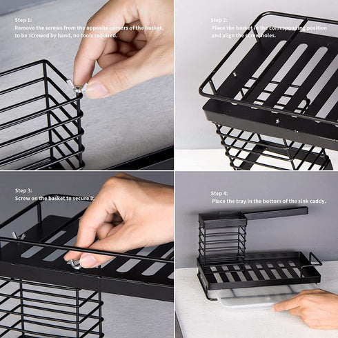 Sink Caddy, Mlesi Kitchen Sink Caddy Organizer Countertop Sponge Brush Soap Holder with Drain Pan,Soap Dispenser Caddy Organizer Rust-Proof Black