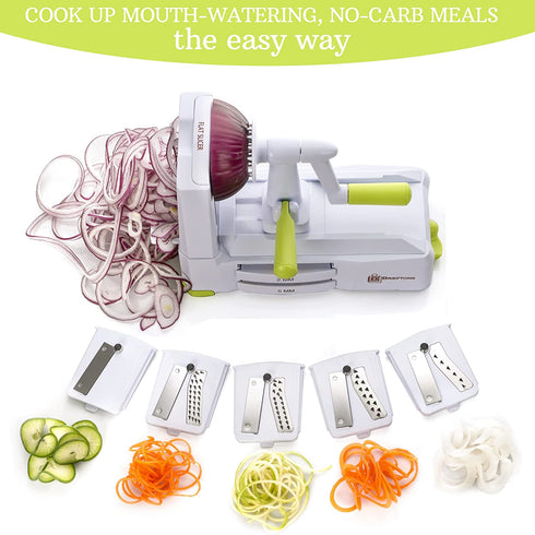 Brieftons 5-Blade Spiralizer (BR-5B-02): Strongest-and-Heaviest Duty Vegetable Spiral Slicer, Best Veggie Pasta Spaghetti Maker for Low Carb/Paleo/Gluten-Free, With Extra Blade Caddy, 4 Recipe Ebooks