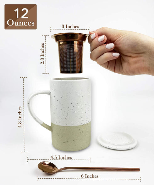 Mora Ceramics Tea Cup with Loose Leaf Infuser, Spoon and Lid, 12 oz, Microwave and Dishwasher Safe Coffee Mug - Rustic Matte Ceramic Glaze, Modern Herbal Tea Strainer - Great Gift for Women, Limestone